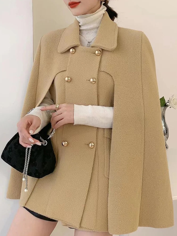 TWOTWINSTYLE Solid Patchwork Pocket Chic Coat For Women Lapel Cloak Sleeve Spliced Double Breasted Elegant Coats Female Style GONZALES ONLINE SHOP