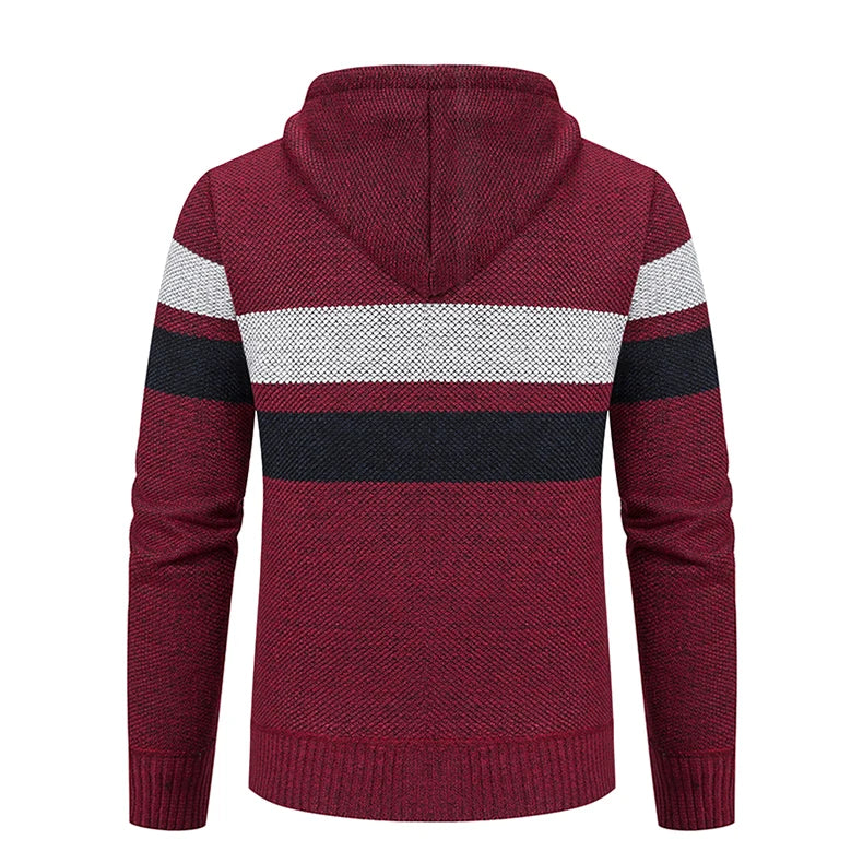 2023 New Autumn and Winter Striped Hooded Sweater Men's Coat with Velvet Padded Warm Knit Cardigan GONZALES ONLINE SHOP