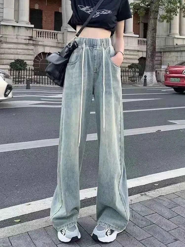 Waist Drawstring Jeans for Women in Spring Summer Korean Version Ins High Waist Slimming Student Straight Wide-leg Floor Pants