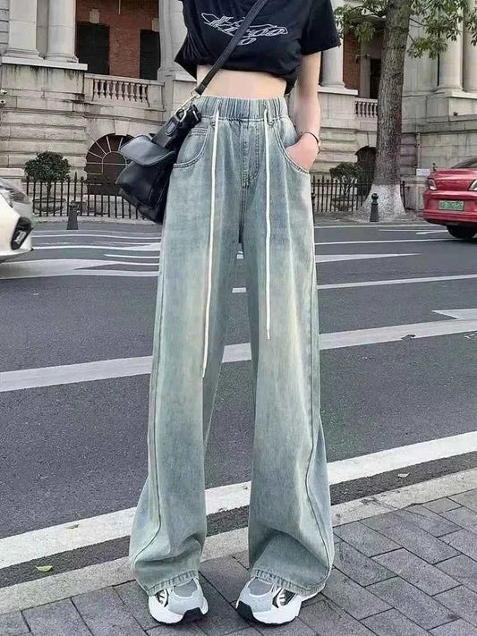Waist Drawstring Jeans for Women in Spring Summer Korean Version Ins High Waist Slimming Student Straight Wide-leg Floor Pants
