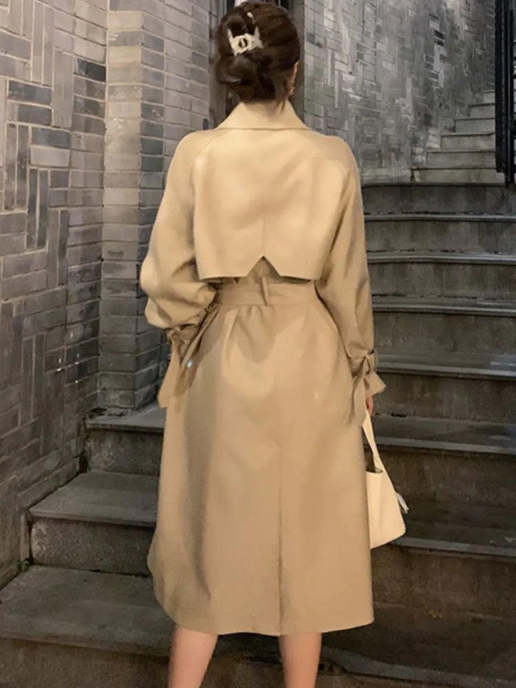 Autumn Winter Khaki Long Trench Coat for Women 2024 Jacket Elegant Outerwear Turn-down Collar Tie Belt Korean Chic Windbreaker GONZALES ONLINE SHOP