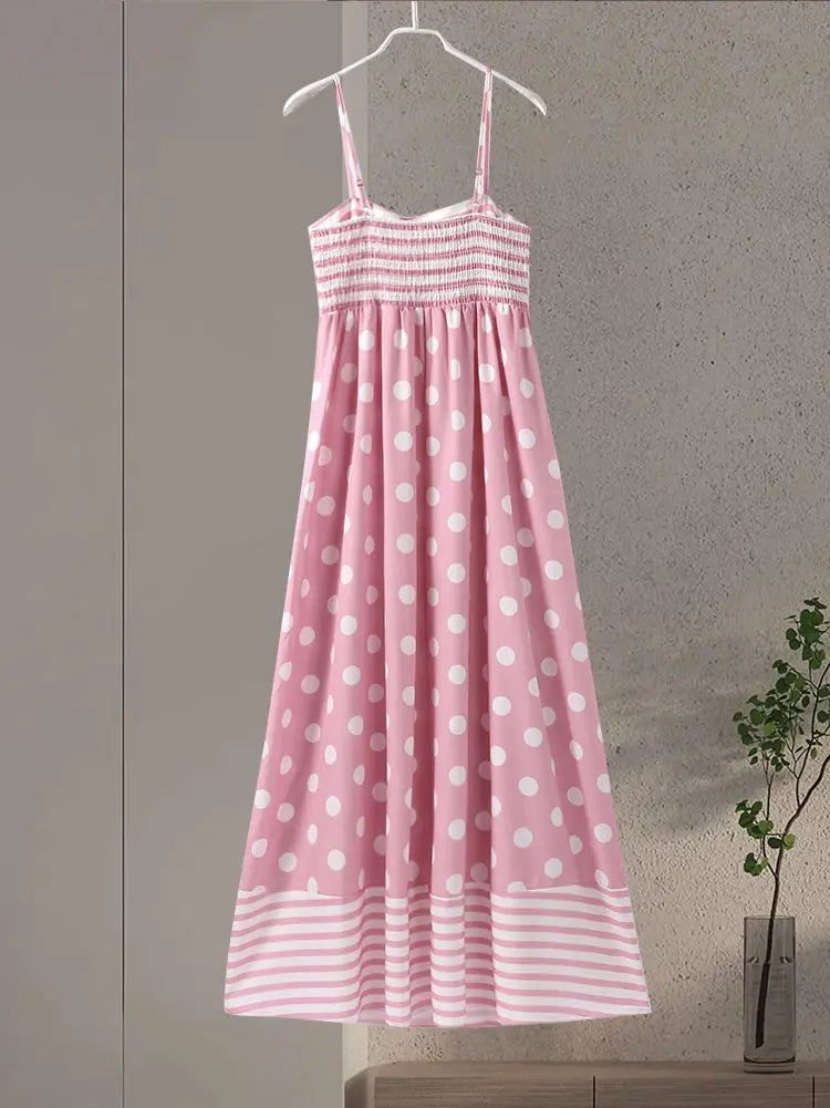 Pink Print Sling Dress Women Elegant Round Dot A Line Sleevelss Robe Female 2024 Summer Backless Elasticity Soft Dresses Lady GONZALES ONLINE SHOP