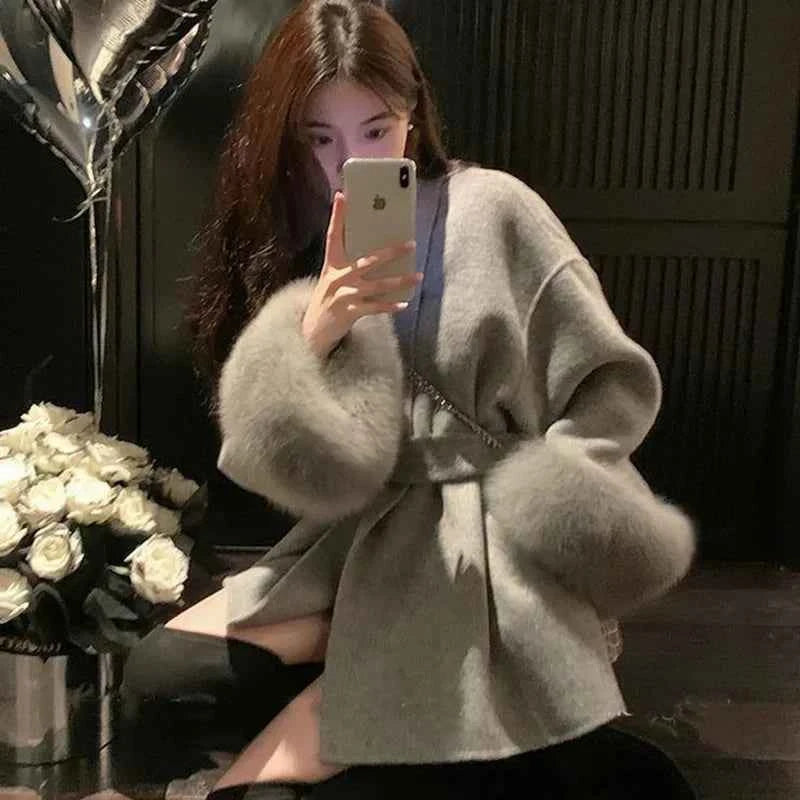 Tossy Fox Fur Wool Overcoat Women's Short Coat Office Lady Elegant Double-sided Woolen Coat 2025 New Cardigan Jackets Loose Wool