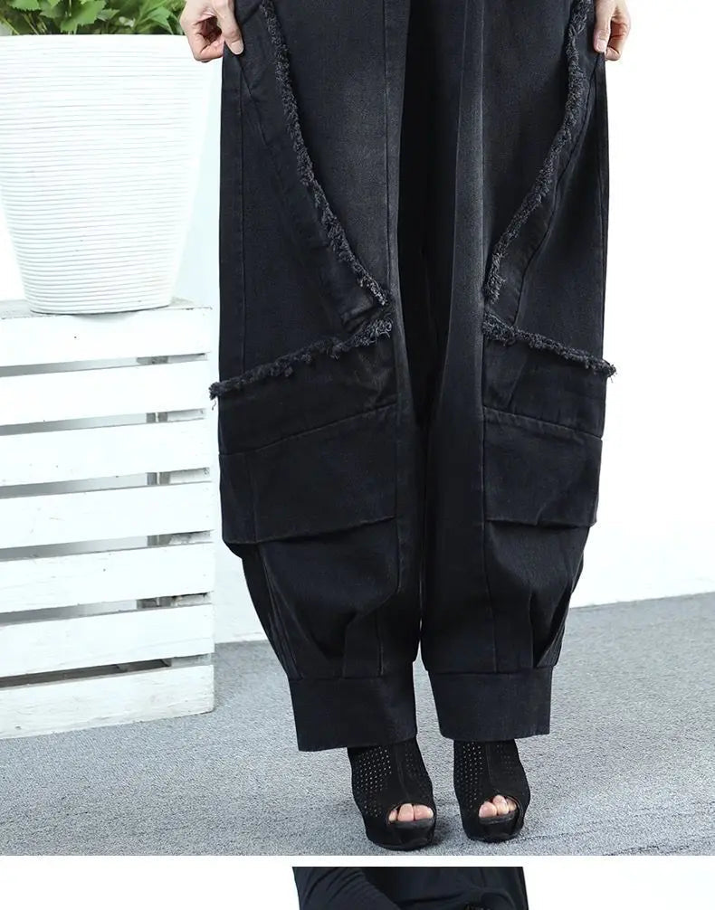 Black Wide-leg Jeans Harlan Pants Loose Fashion Casual Full Length High Waist Patchwork Print Pocket Jeans Women Clothes Spring GONZALES ONLINE SHOP