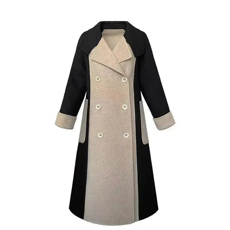 Women Patchwork Long Blends Coat Autumn Winter Turn Collar Single Breasted Coats Commute Elegant Parkas New Chic Warm Outwears GONZALES ONLINE SHOP