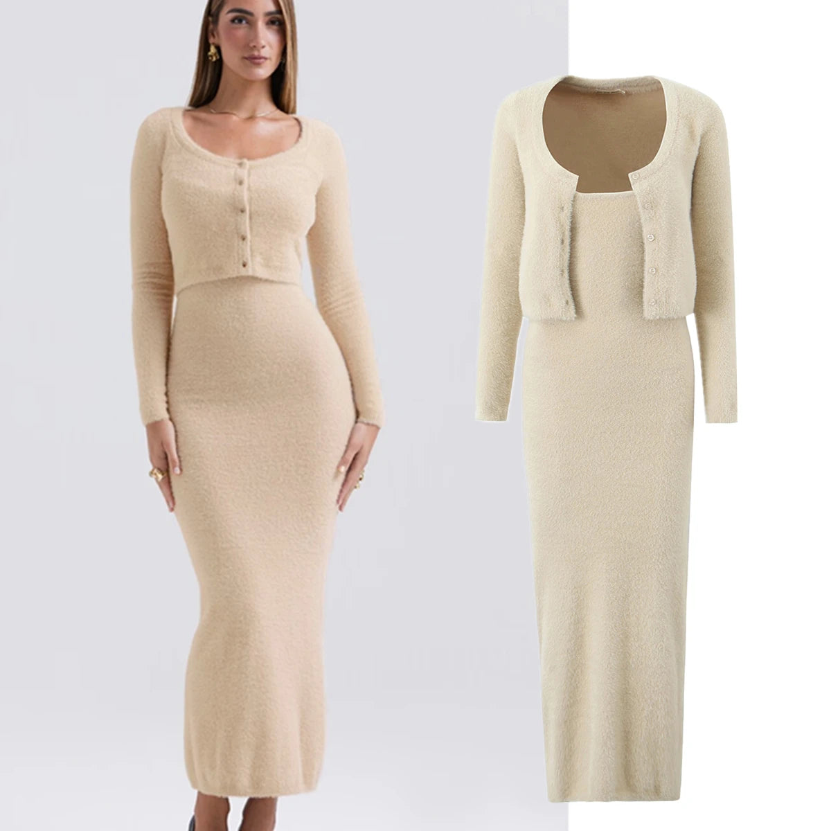 Maxdutti Fashion Blogger Mohair Knitted Cardigan And Strapless Dress Minimalist Women's Clothing French Two-piece Set Women GONZALES ONLINE SHOP