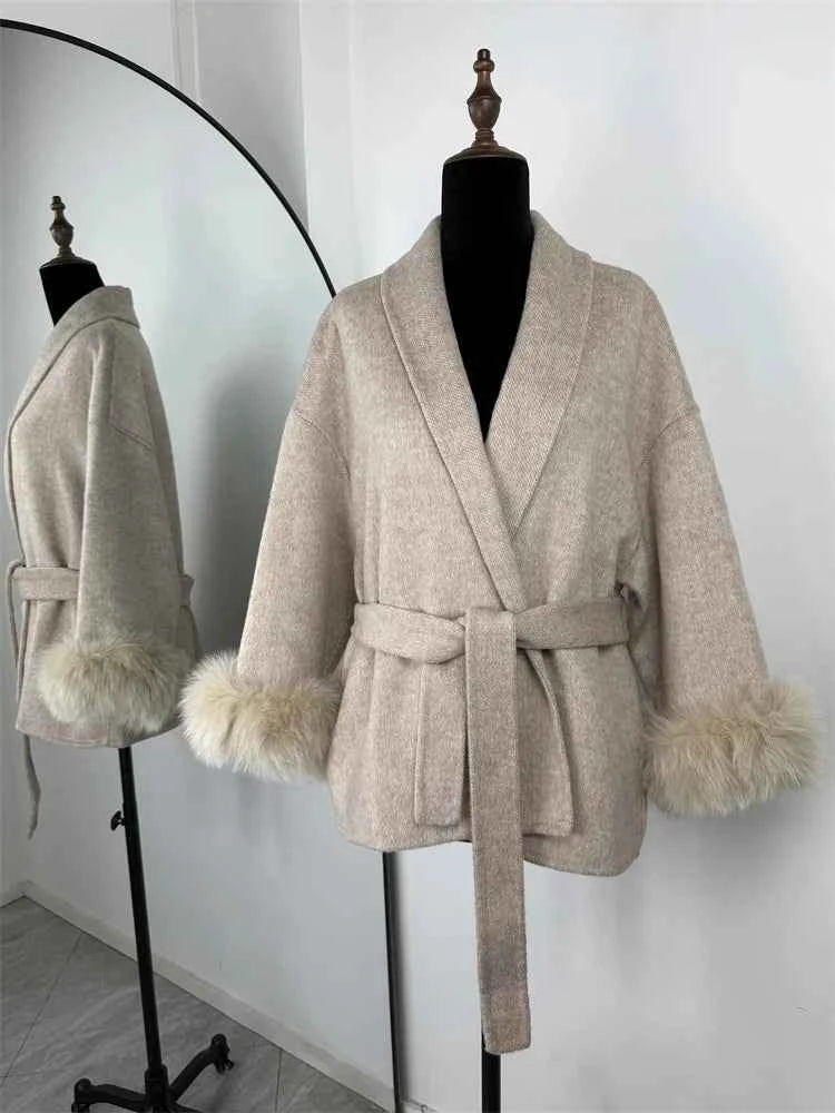 Tossy Fox Fur Wool Overcoat Women's Short Coat Office Lady Elegant Double-sided Woolen Coat 2025 New Cardigan Jackets Loose Wool