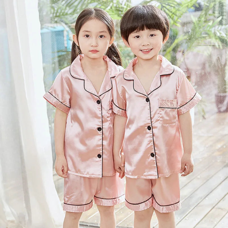 Children Silk Satin Pyjamas Set Baby Sleepwear Pijama Solid color Pajamas Suit Boys Girls Nightwear Autumn Kids Loungewear Pjs GONZALES ONLINE SHOP