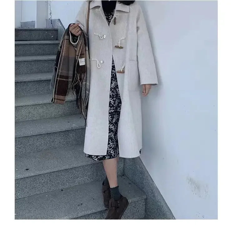 Women Chic Horn Button Long Blends Coats Solid Colors Warm Autumn Winter Coats Big Pockets Elegant Commute Outwears New Parkas GONZALES ONLINE SHOP