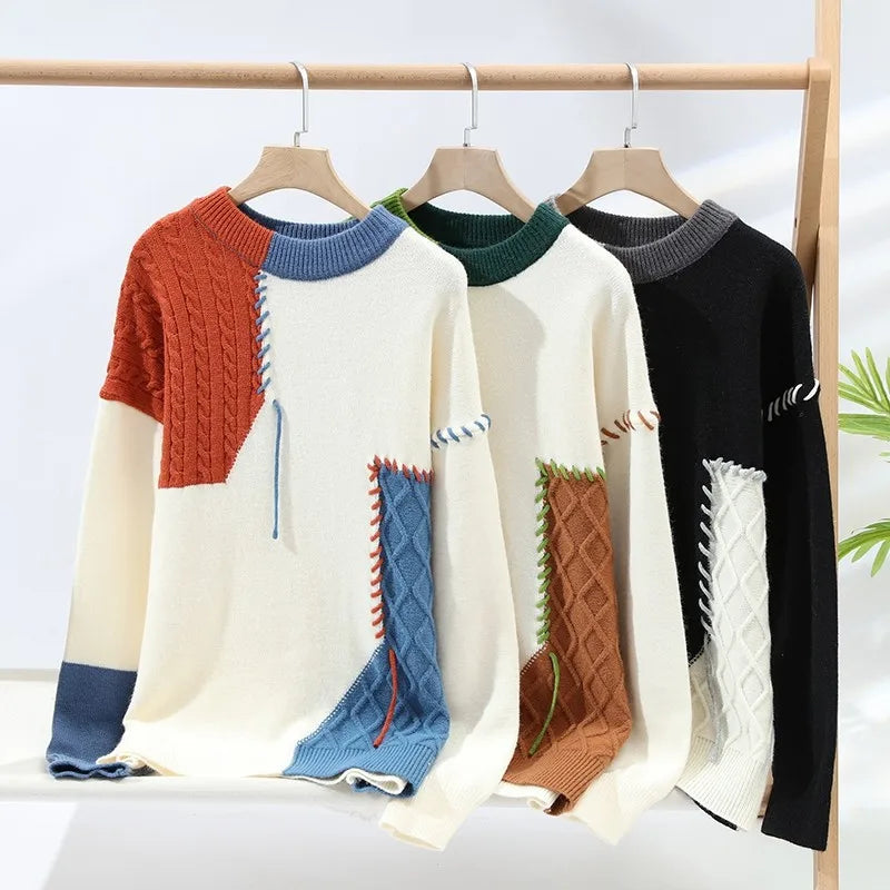 2024 Patchwork Knitted Sweater Trend High Street Autumn Winter Warm Men's Tops Hip-hop Street Clothing Fishing Sports Pullover GONZALES ONLINE SHOP