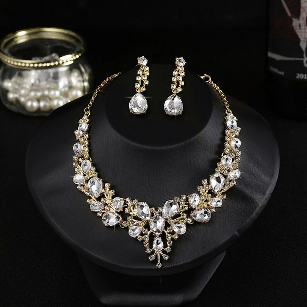 1 Set Wedding Earrings Extension Chain Faux Crystal Rhinestone Inlaid Jewelry Sets Glitter Dinner Women Jewelry Necklace GONZALES ONLINE SHOP