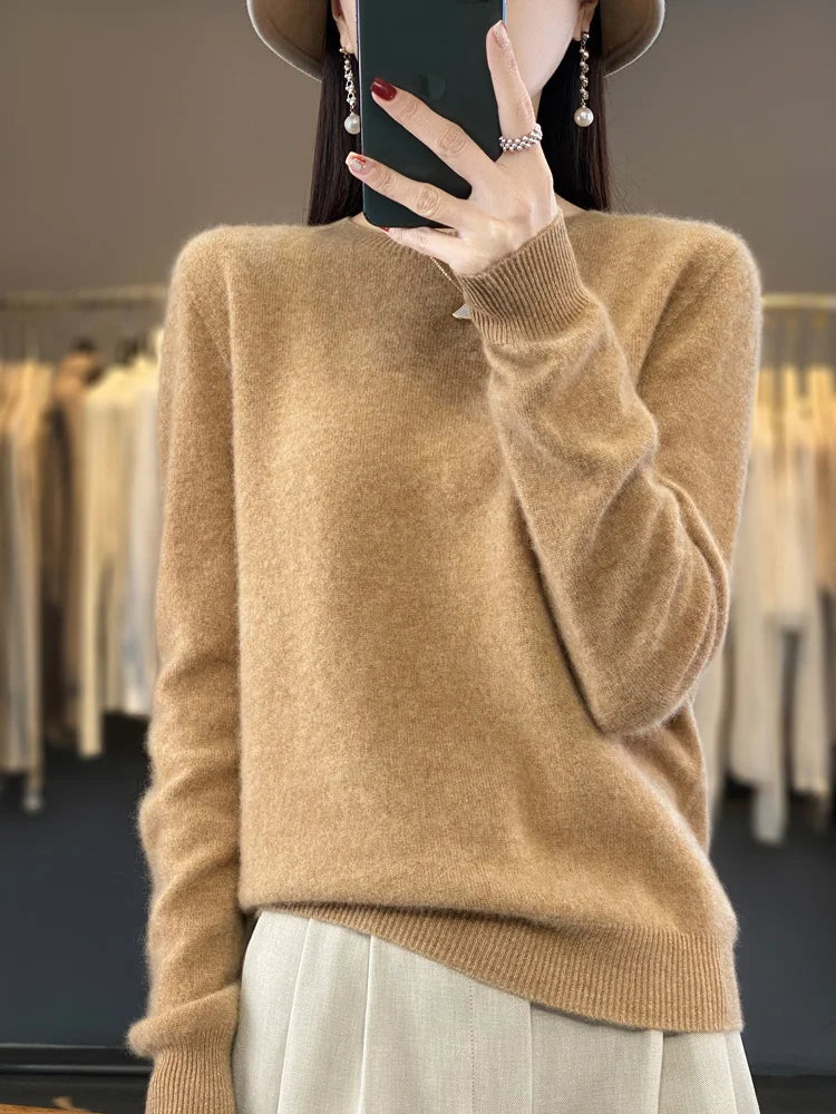 100% Merino Wool Sweater Women O-neck Cashmere Knitwear Female Pullover Autumn Winter Casual Tops Solid Color Soft  Clothing GONZALES ONLINE SHOP