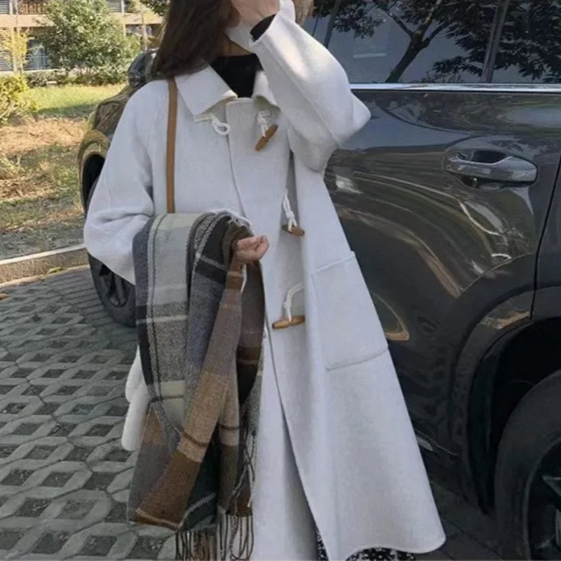 Women Chic Horn Button Long Blends Coats Solid Colors Warm Autumn Winter Coats Big Pockets Elegant Commute Outwears New Parkas GONZALES ONLINE SHOP