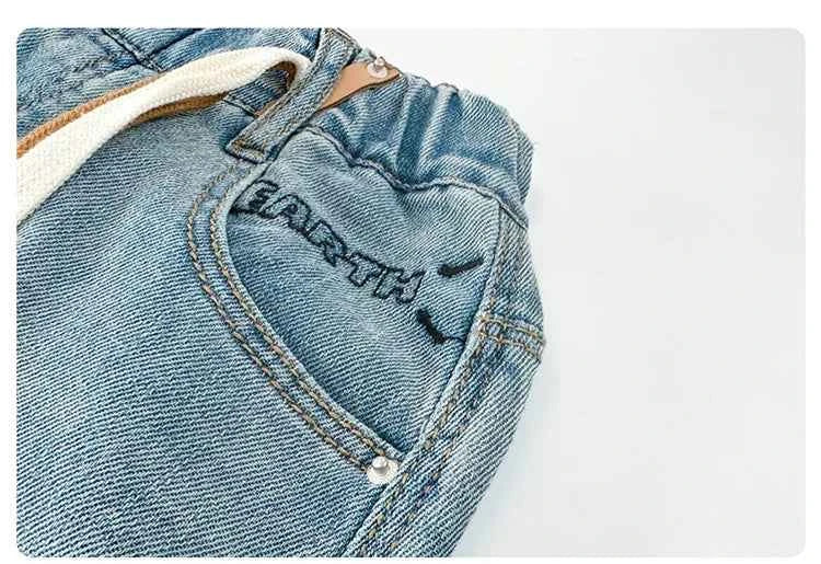 High Quality Kids Straight Fit Drawstring Jeans for Boy Girl Brief High Waist Denim Pants Unisex Child Casual Jeans Trousers