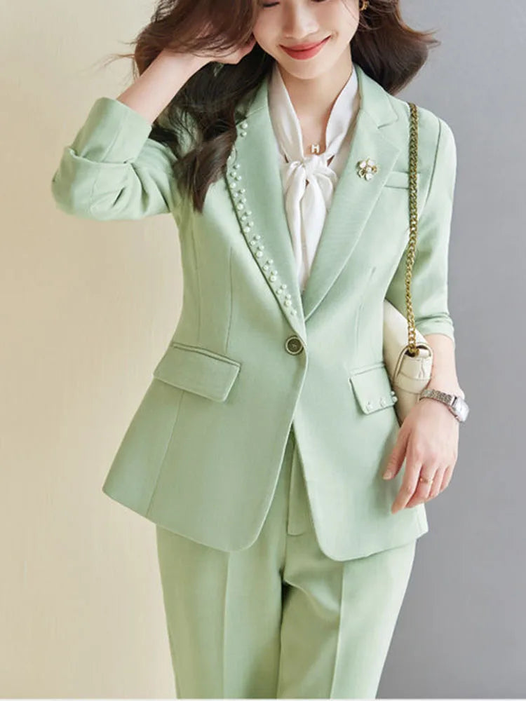 Women Office Suit 2 Pieces Sets Elegant Chic Design Ol Slim Long Sleeve Coats Tops Korean Formal High Waist Straight Pants 2024 GONZALES ONLINE SHOP