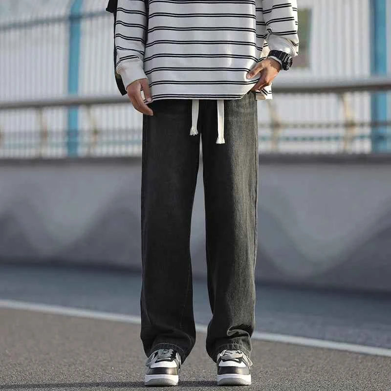 Men's summer loose straight leg pants with elastic drawstring, casual jeans, comfortable, fashionable and trendy jeans
