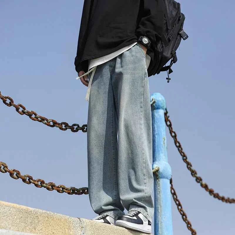 Men's summer loose straight leg pants with elastic drawstring, casual jeans, comfortable, fashionable and trendy jeans