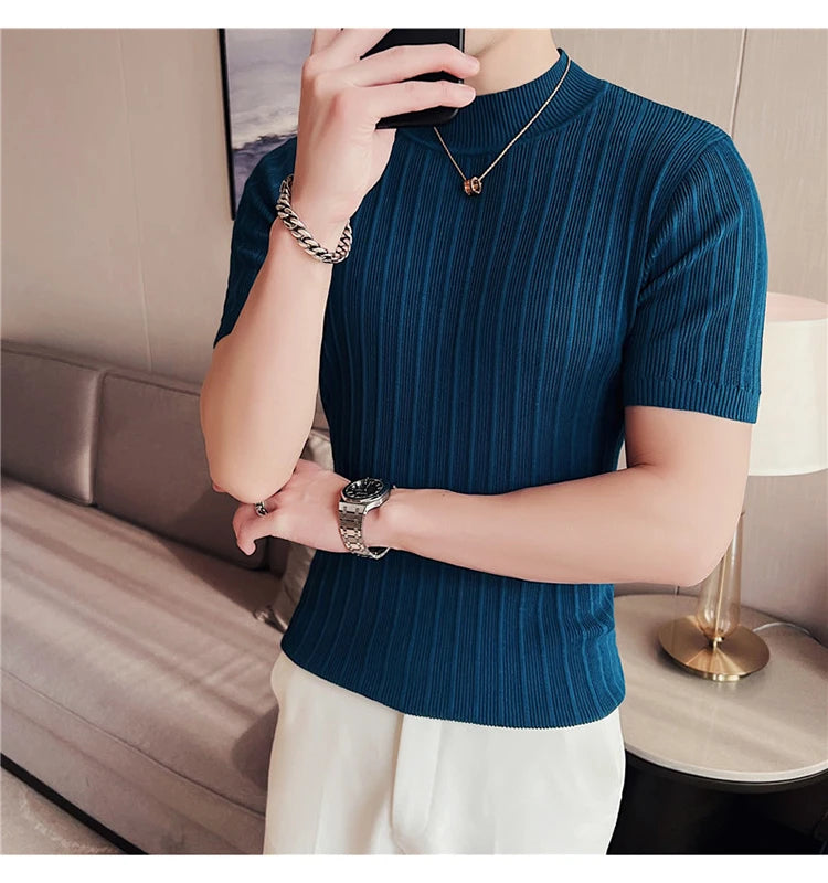 Men's High-End Casual Short Sleeve knitting Sweater/Male High collar Slim Fit Stripe Set head Knit Shirts Plus size S-4XL GONZALES ONLINE SHOP