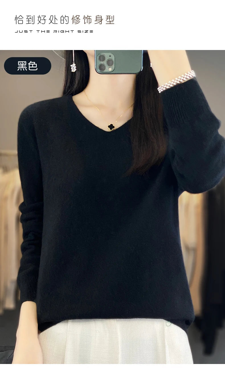 Women 100% Merino Wool Sweater V-Neck Basic Pullover Autumn Winter Cashmere Clothing Long Sleeve Soft Knitwear Tops Solid Color GONZALES ONLINE SHOP