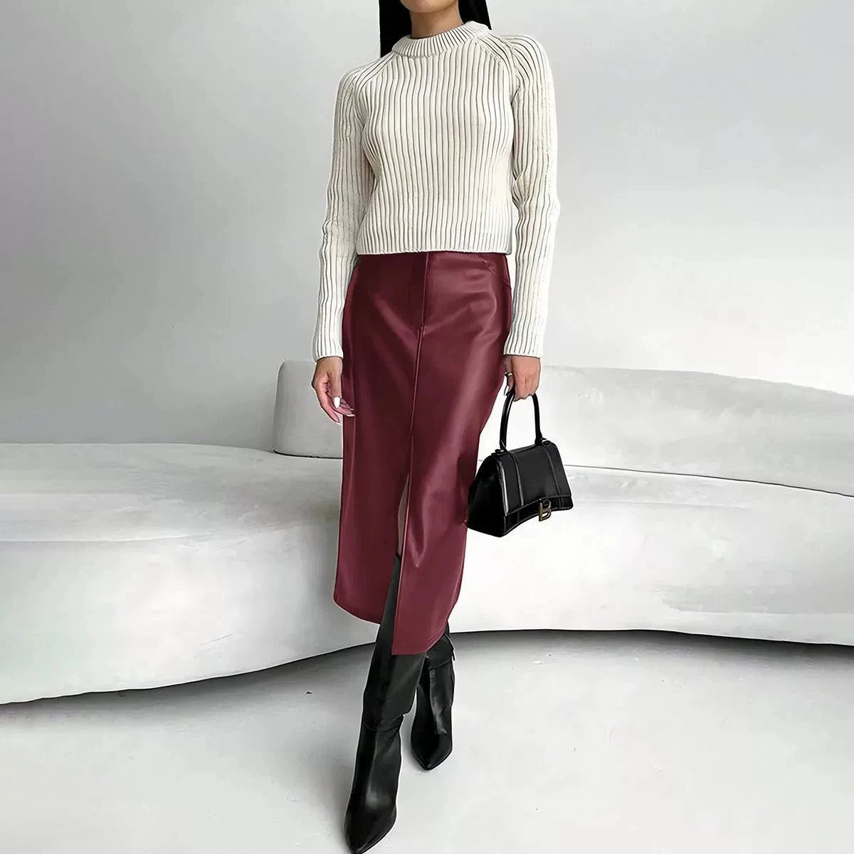 Leather Skirt High Waist Women Front Slit Spring Autumn Long Skirt High Waisted Office Lady Slim Skirts Elegant Ropa De Mujer GONZALES ONLINE SHOP
