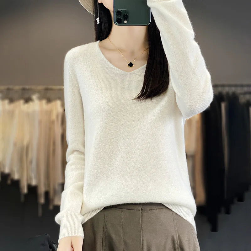 Women 100% Merino Wool Sweater V-Neck Basic Pullover Autumn Winter Cashmere Clothing Long Sleeve Soft Knitwear Tops Solid Color GONZALES ONLINE SHOP