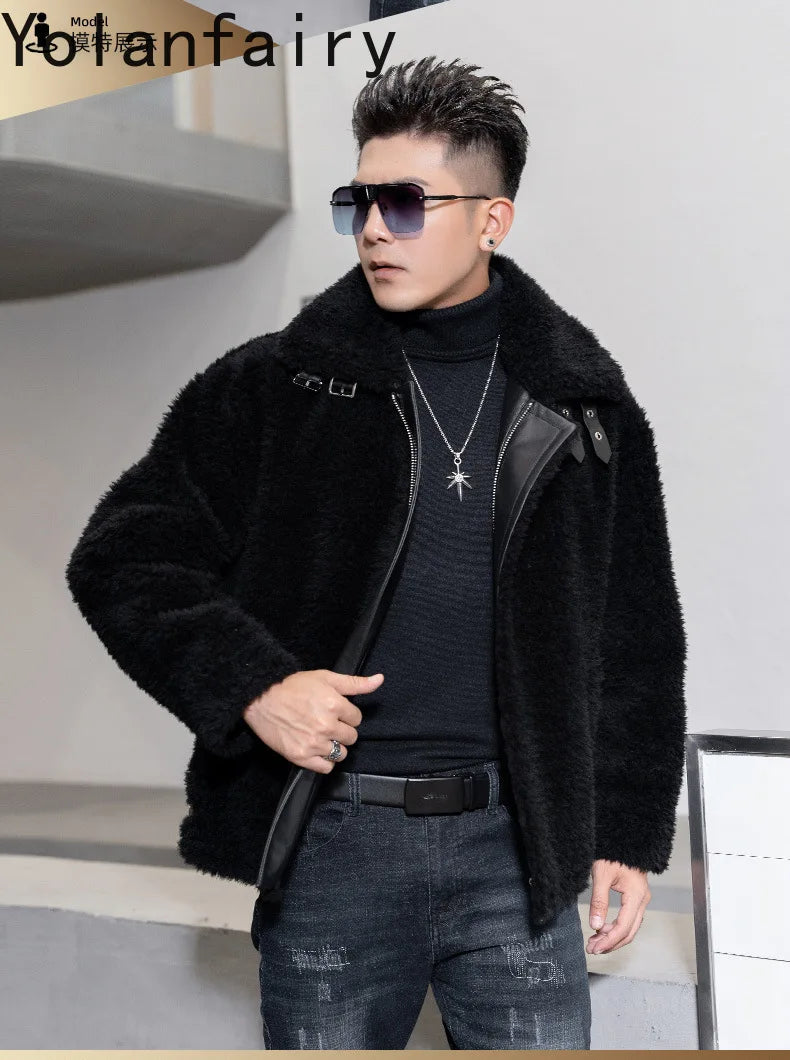 YOLANFAIRY Natural Wool Mens Real Fur Coat Winter Clothes Shearling Jackets for Men Cropped Leather Jacket Loose Fit Бомбер 2024 GONZALES ONLINE SHOP