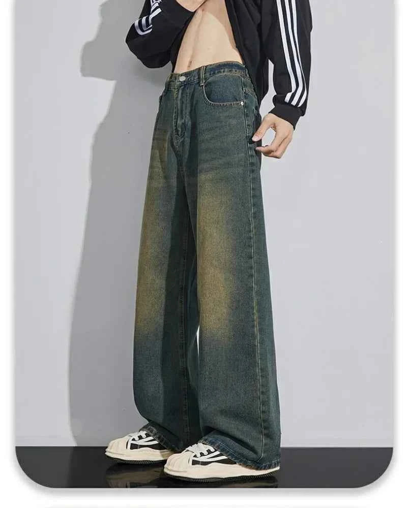 New Bent knife jeans for men American retro washed distressed wide leg pants Four Seasons loose straight leg feelin Street jeans