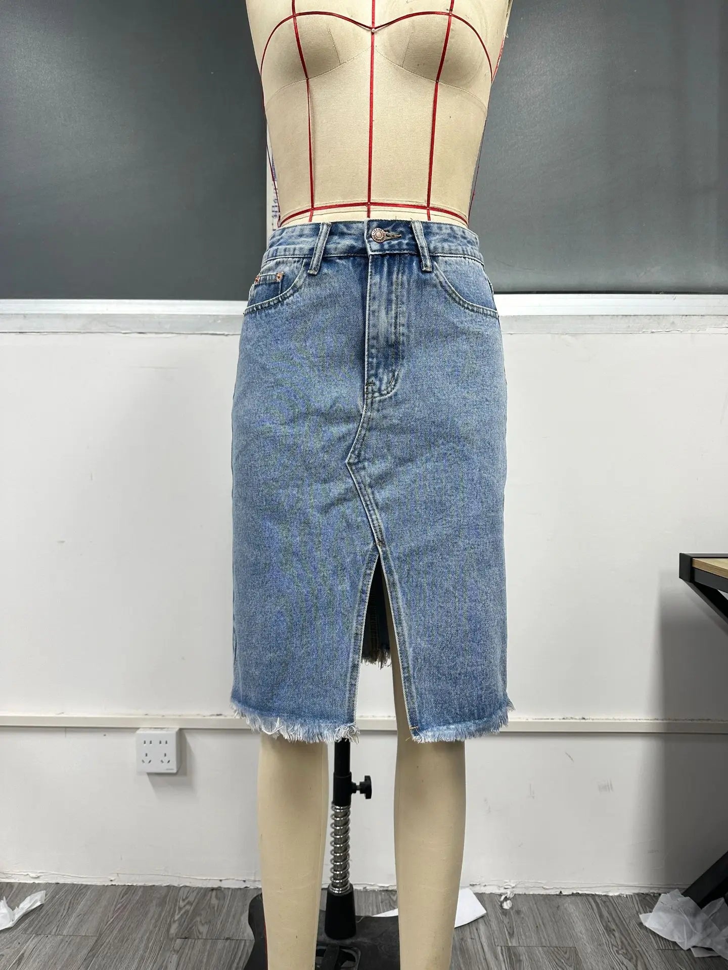 Women Slit Denim Half Skirt Hand Frayed Tassel Raw Edge Skirt Vintage Retro Korean Jean Long Office Lady Slim Fit High Waisted GONZALES ONLINE SHOP