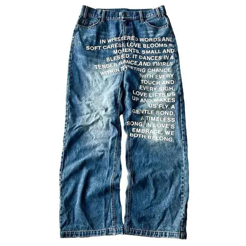 2025 American Fashion Jeans Letter Printing Pattern High Street Casual Wide Legs Y2K Men's Retro Gothic Trendy Casual Pants