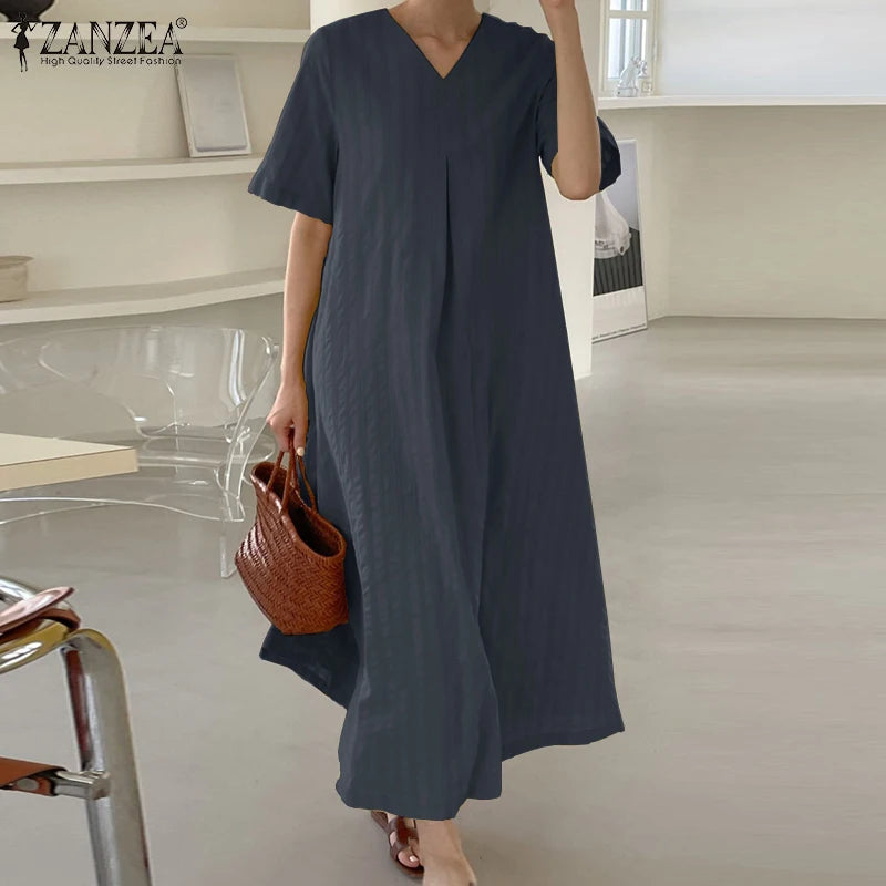 ZANZEA Elegant Women V Neck Short Sleeve Sundress Summer Fashion Casual Loose Maxi Dress Robe Femme Holiday Vestido Oversize GONZALES ONLINE SHOP