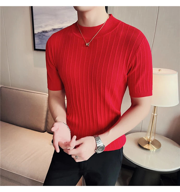 Men's High-End Casual Short Sleeve knitting Sweater/Male High collar Slim Fit Stripe Set head Knit Shirts Plus size S-4XL GONZALES ONLINE SHOP