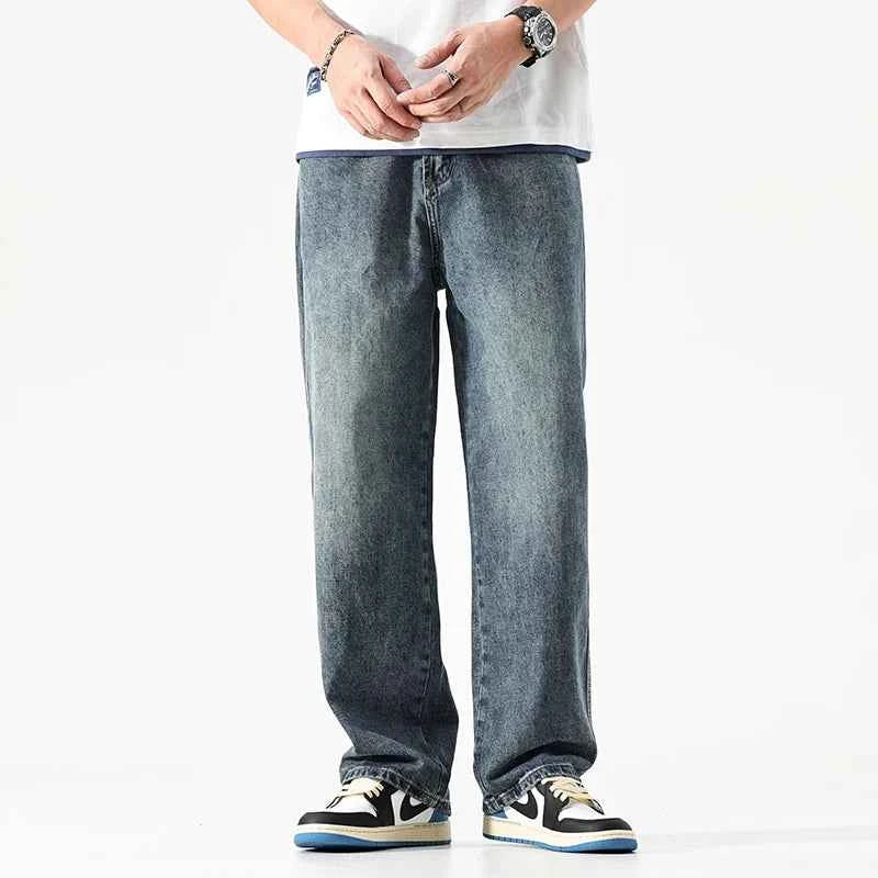 Wide Leg Jeans Men Baggy Pants Summer Straight Cut Loose Retro Blue Denim Pants Streetwear Fashion Pockets Vintage Man Clothes
