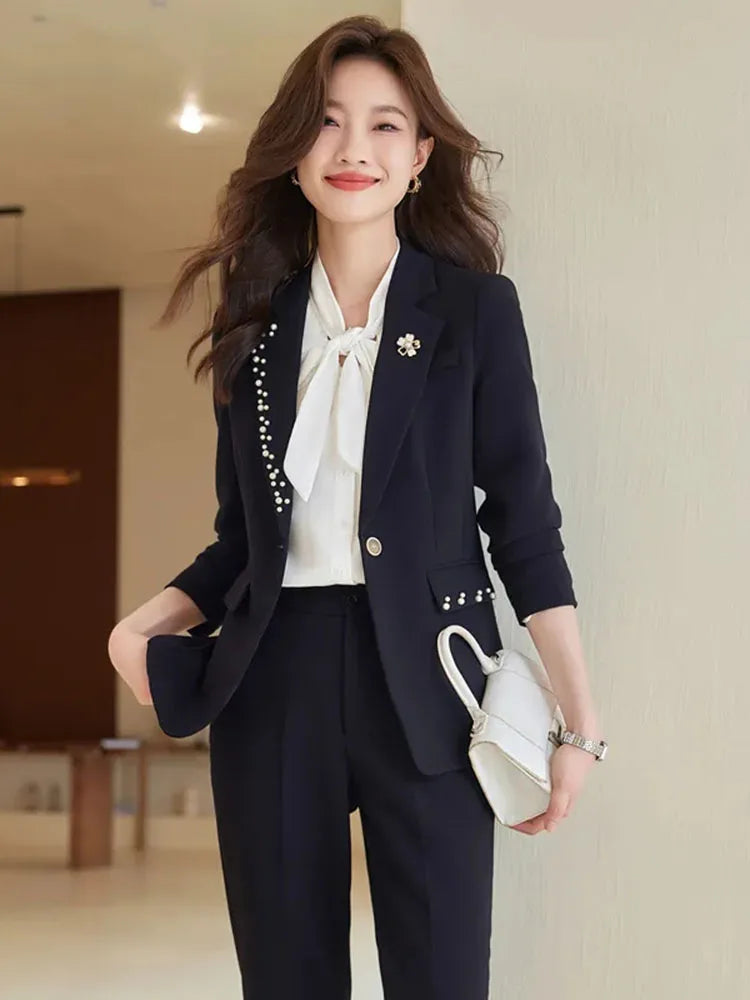 Women Office Suit 2 Pieces Sets Elegant Chic Design Ol Slim Long Sleeve Coats Tops Korean Formal High Waist Straight Pants 2024 GONZALES ONLINE SHOP