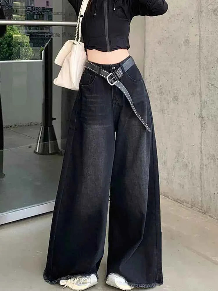 Elegant Chic American Vintage Black Wide Leg Jeans Women High Waist Loose Fit Slimming Draping Raw Hem Floor Length Denim