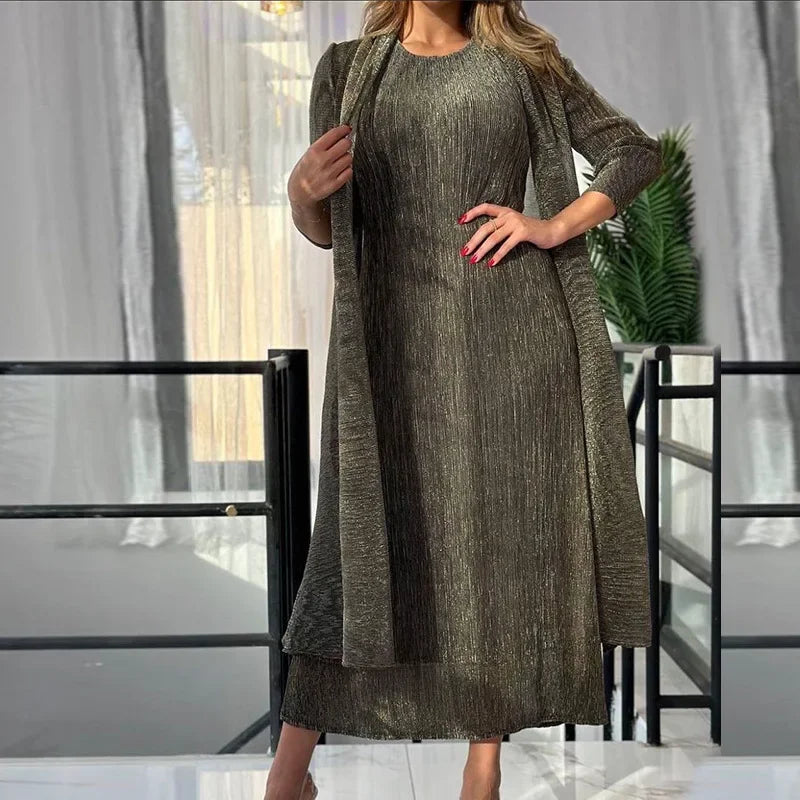 Pleats 2024 Fall Dress Set Gold Silk Pleated Two-piece Long Tunic + Sleeveless Undershirt Long Skirt Suit Women Slim Clothing GONZALES ONLINE SHOP