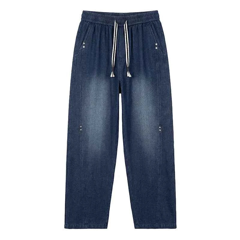 Men's Vintage Washed Wide Leg Jeans Elastic Drawstring Waist Baggy Streetwear Denim Trousers oversized Trousers fit