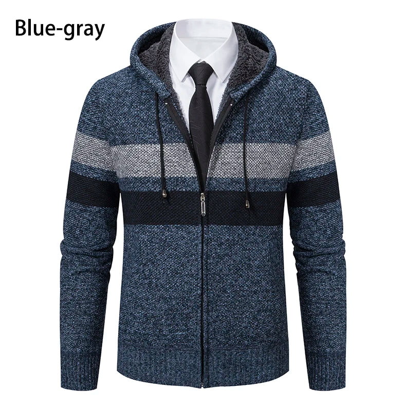 2023 New Autumn and Winter Striped Hooded Sweater Men's Coat with Velvet Padded Warm Knit Cardigan GONZALES ONLINE SHOP