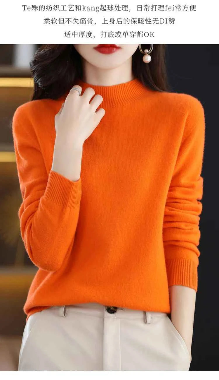 Half High Solid Color Cashmere Sweater For Women Loose Pullover Autumn and Winter Contracted Commuter Basic Knitwear Top Base