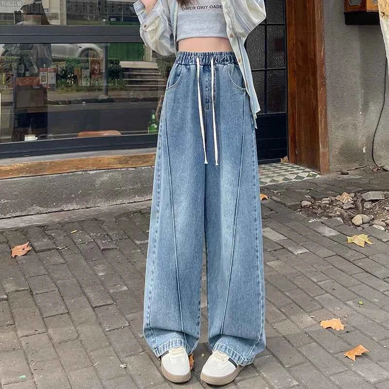 High Waist Slimming Drawstring Tie Elastic Waist Floor-Length Curved Sickle Pants 2026 Spring New Women's Trendy Wide Leg Jeans