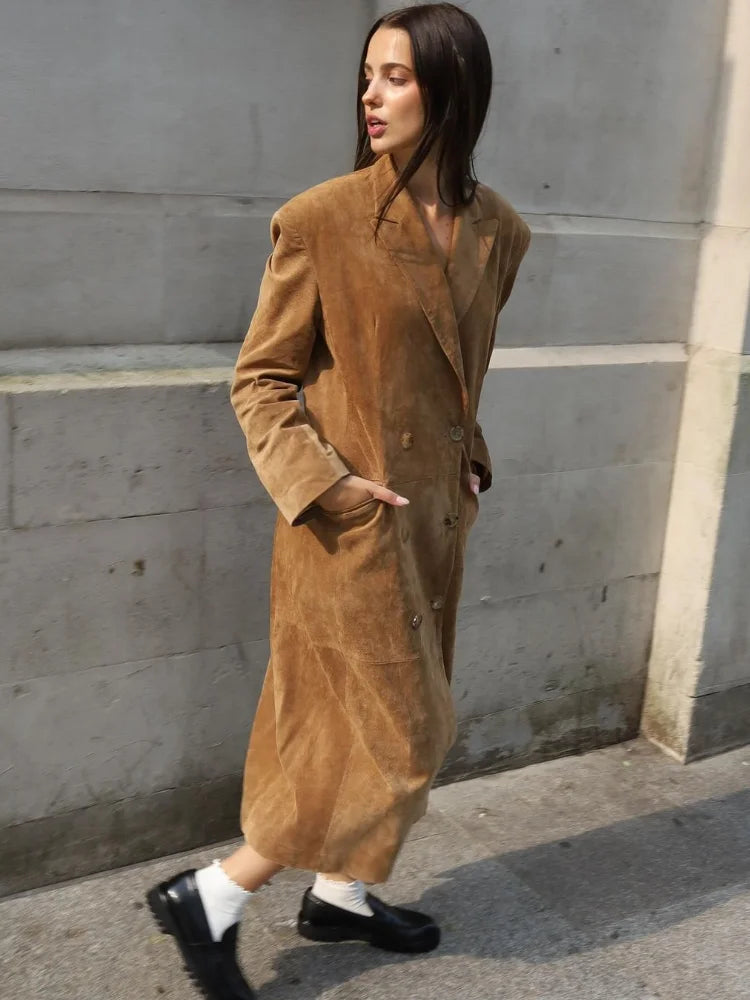 Women Fashion Double Breasted Solid Suede Overcoats Elegant Lapel Full Sleeves Pocket Long Coat Autumn Chic Lady Commute Outwear GONZALES ONLINE SHOP