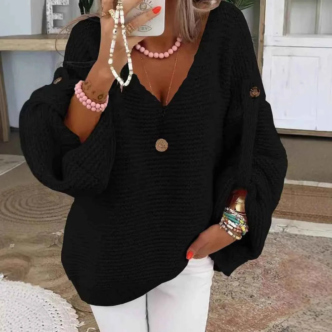 Casual Knitted V Neck Sweater Fall Winter Fashion Button Warm Commuter Jumper Elegant Solid Adjustable Long Sleeve Pullover