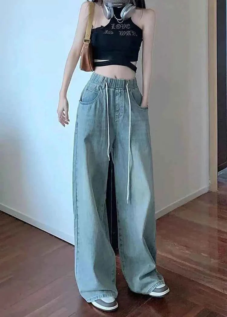 Waist Drawstring Jeans for Women in Spring Summer Korean Version Ins High Waist Slimming Student Straight Wide-leg Floor Pants