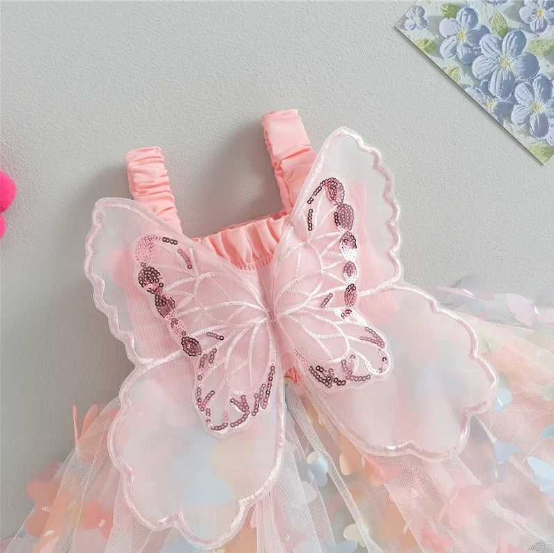 Summer Girls' New Dress Sweet Sling Waist Wrapped Colorful Butterfly Mesh Back Big Wings Princess Dress GONZALES ONLINE SHOP