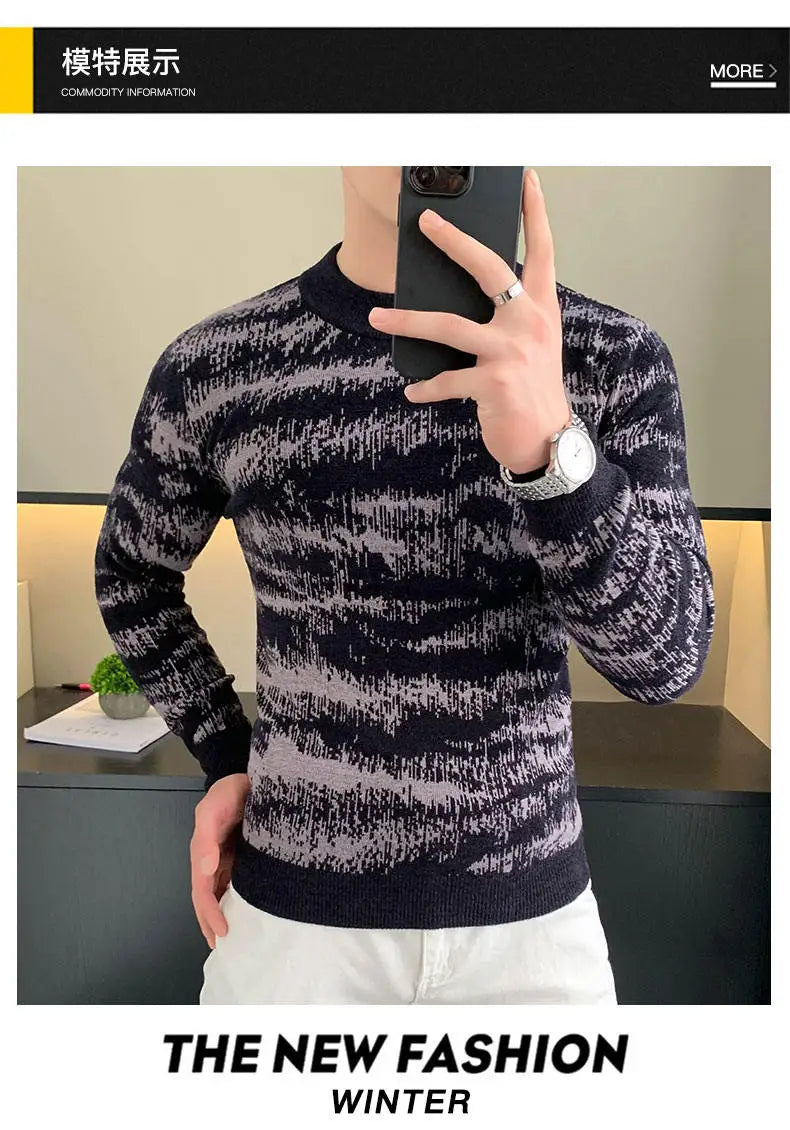 Autumn Winter Velvet Knitted Sweater Men Long Sleeve Casual Business Sweaters Comfortable Warm Versatile Social Pullover Tops GONZALES ONLINE SHOP