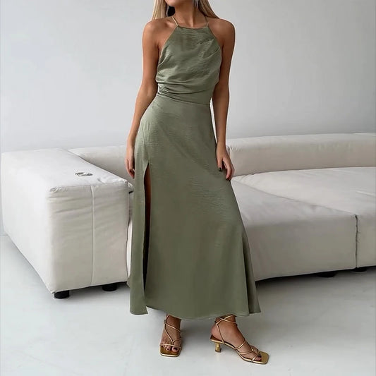 Ellafads Women Maxi Dress Summer Casual Elegant Solid Nipped Waist Sleeveless Backless Lace Up Slit Party Holiday Loose Dresses GONZALES ONLINE SHOP