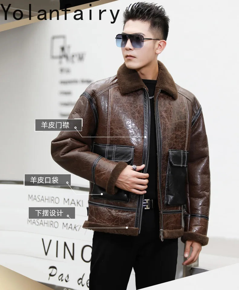 YOLANFAIRY Genuine Sheepskin Jacket Mens Real Fur Coat Winter Clothes Cropped Leather Jacket Men Wool Jacket Men Бомбер 2024 GONZALES ONLINE SHOP