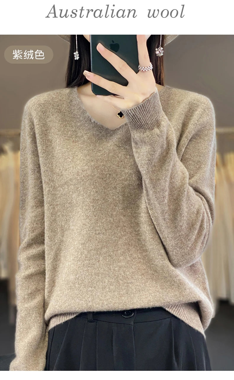 Women 100% Merino Wool Sweater V-Neck Basic Pullover Autumn Winter Cashmere Clothing Long Sleeve Soft Knitwear Tops Solid Color GONZALES ONLINE SHOP