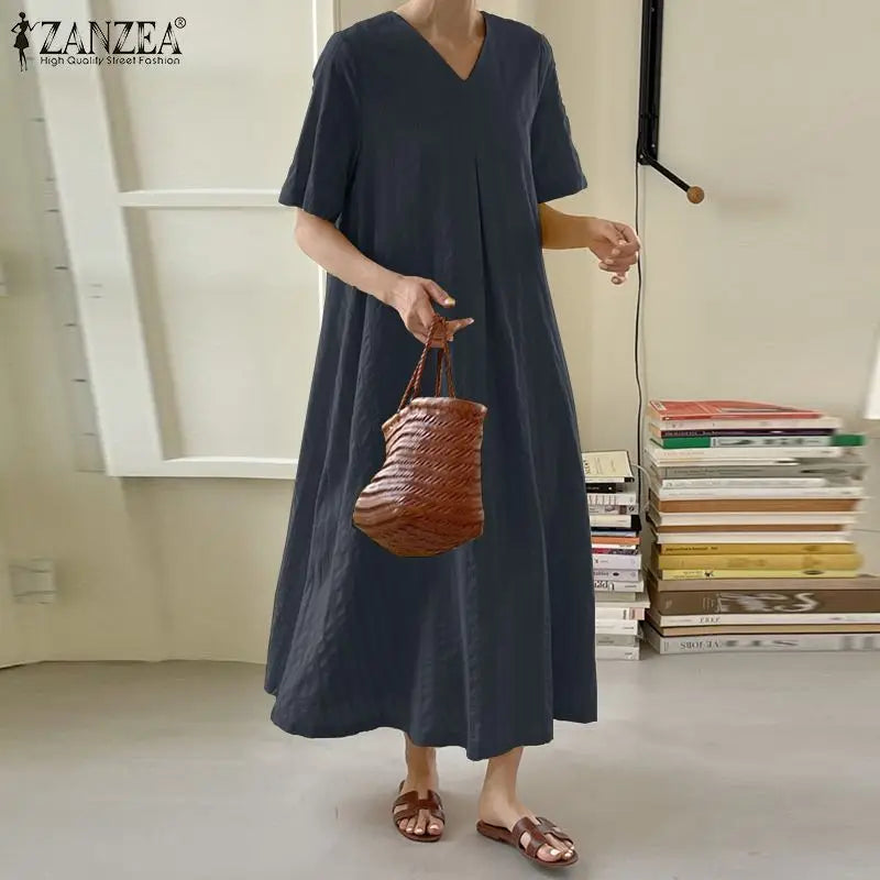 ZANZEA Elegant Women V Neck Short Sleeve Sundress Summer Fashion Casual Loose Maxi Dress Robe Femme Holiday Vestido Oversize GONZALES ONLINE SHOP