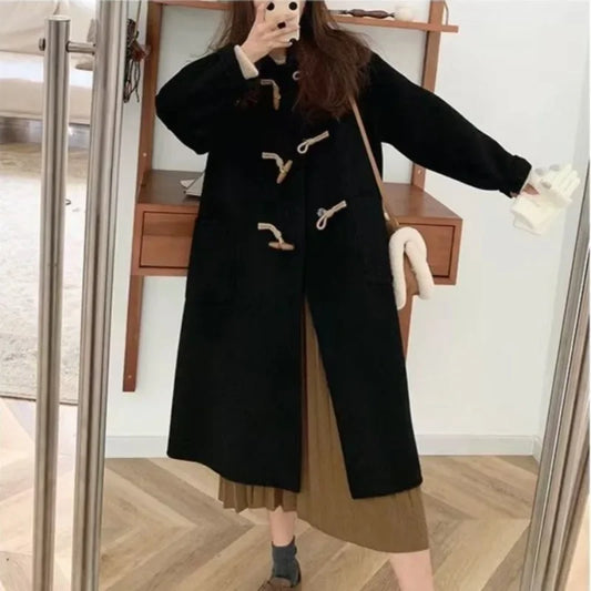 Women Chic Horn Button Long Blends Coats Solid Colors Warm Autumn Winter Coats Big Pockets Elegant Commute Outwears New Parkas GONZALES ONLINE SHOP