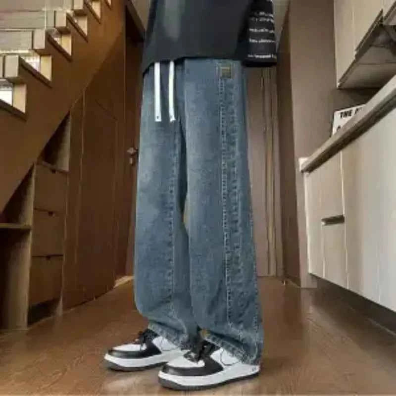 Men's Drawstring Waist Loose Straight Leg Jeans Summer Casual Wide Leg Denim Pants